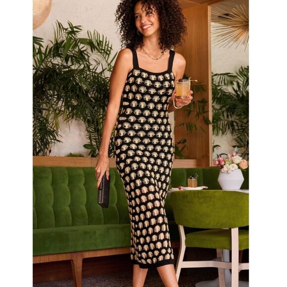 Boutique Crochet Knit Maxi Dress Black Ivory Y2k Resort Slit Sirencore Boho Sz S - Picture 1 of 7